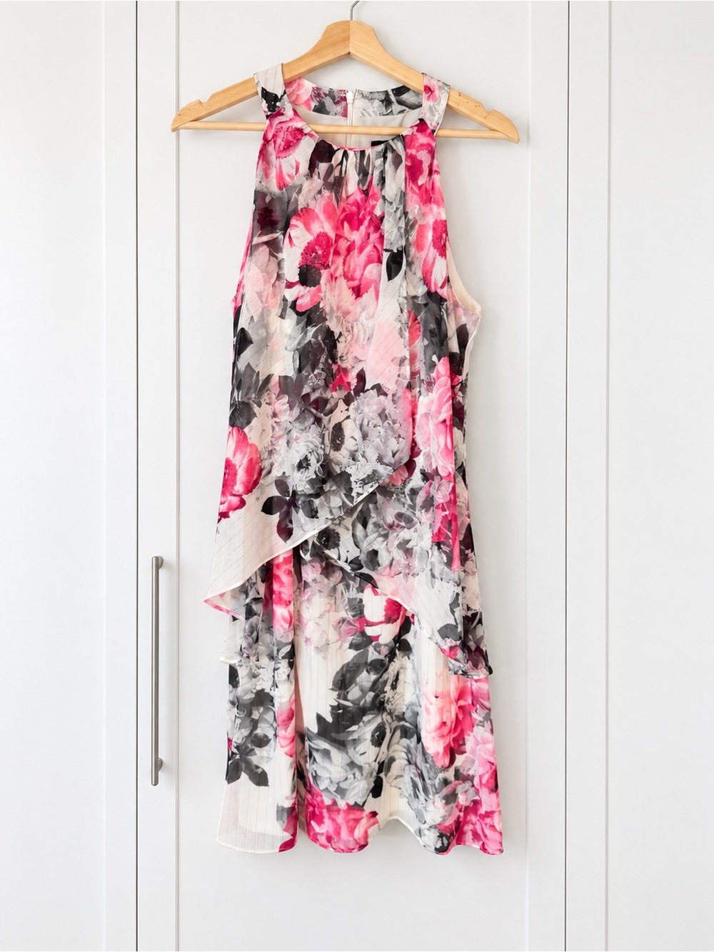 Floral Print High-Neck Layered Women's Dress - Pink & Gray